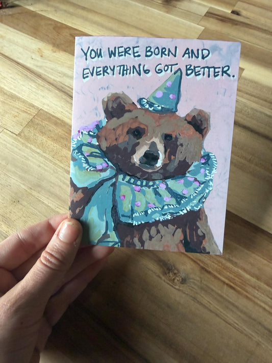 Birthday Card | Party Bear Art greeting card, Blank Inside (A2 Size)