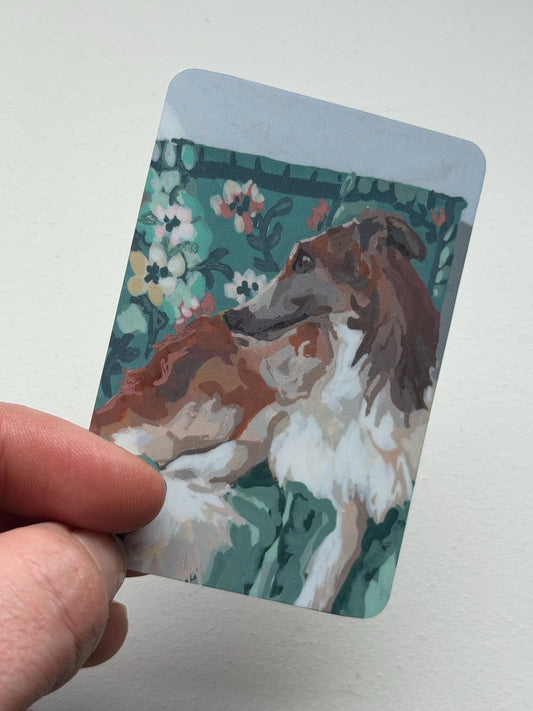 Borzoi on sofa vinyl sticker 3"- illustrated dog decal