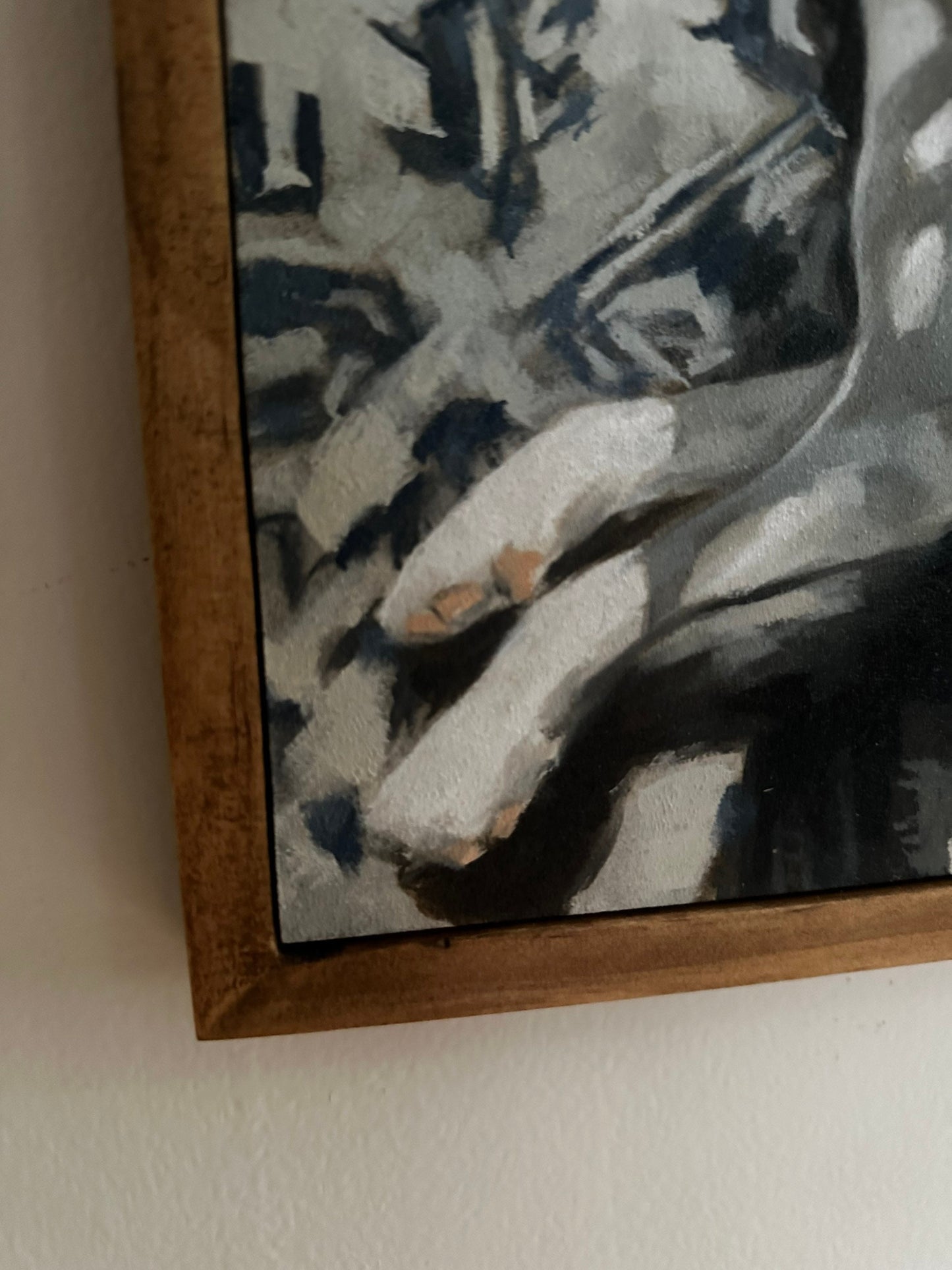 napping dog portrait original painting, 8x10 terrier oil painting, patterned rug, plants and shadows, framed original art, ready to hang