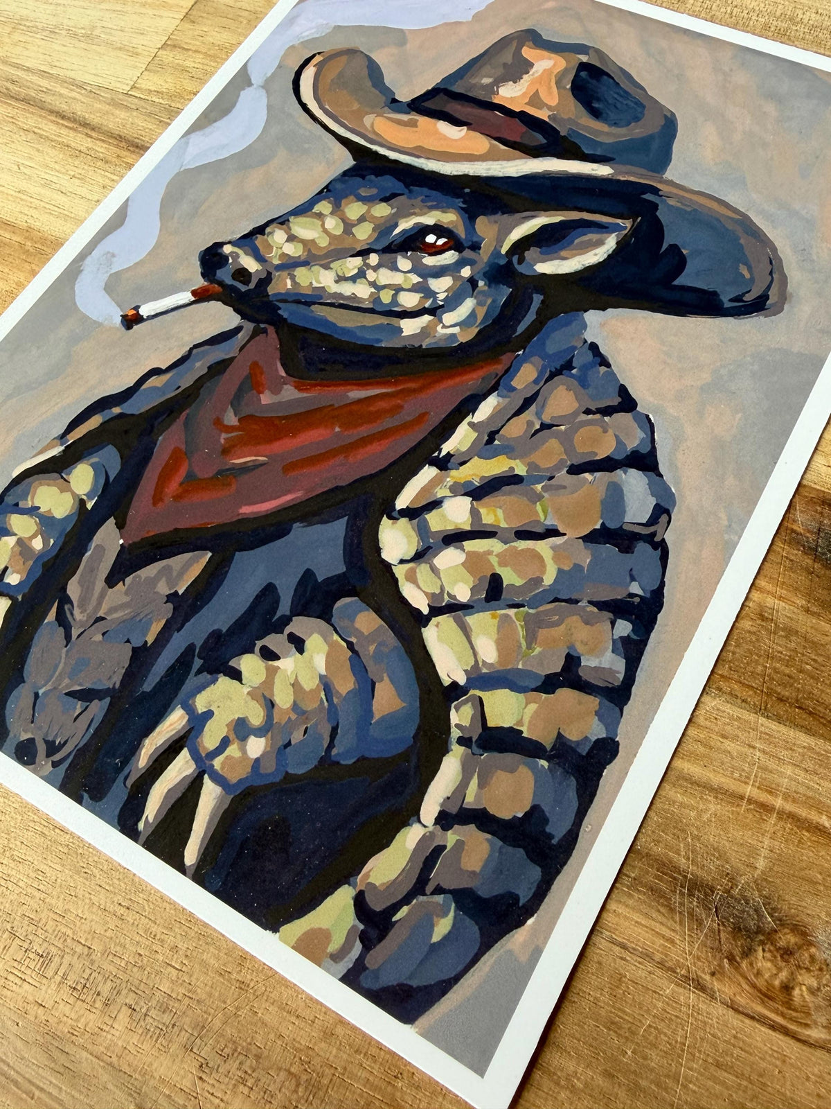 outlaw armadillo, western Acrylic Illustration, whimsy Decor (5x7)