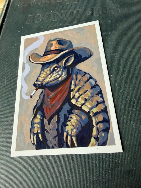 ACEO original art PRINT, Outlaw armadillo , tiny art 2.5x3.5 inches