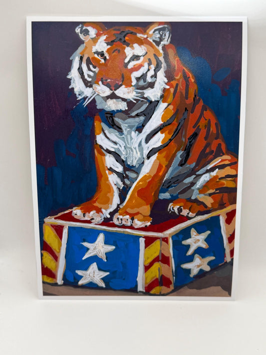 Circus Tiger Art Print, Whimsical Acrylic Illustration, Vintage Decor (5x7)