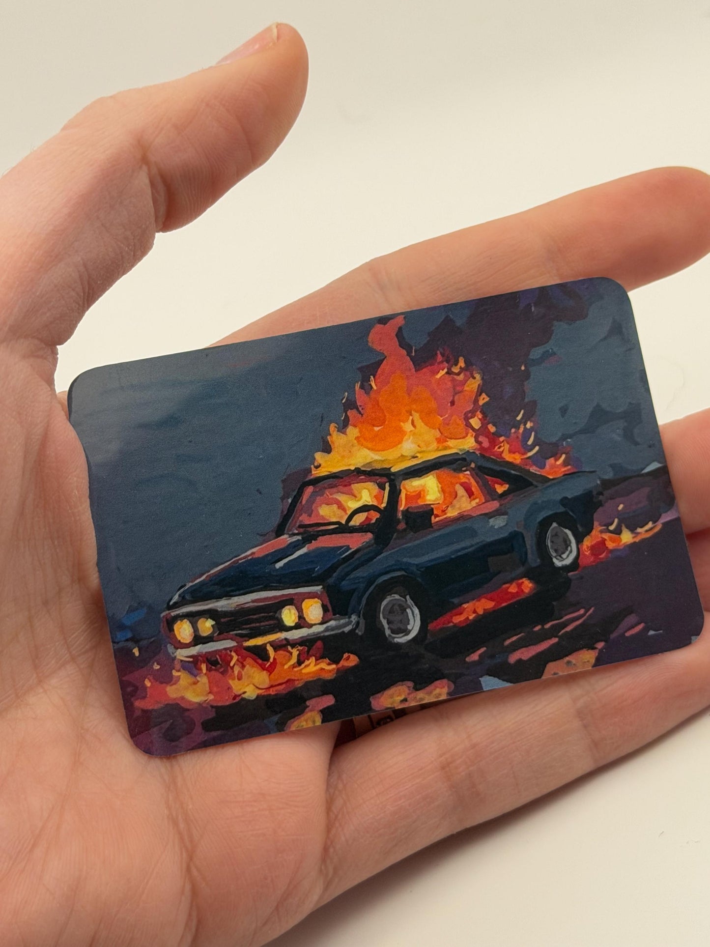 vinyl art sticker, car on fire, unique stickers, 3inch durable stickers, original painting reproduction