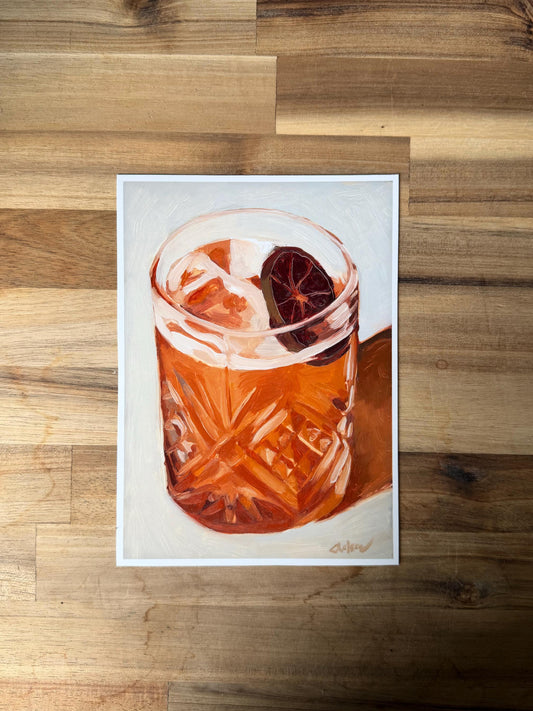 old fashioned Cocktail Art Print | Moody Still Life Oil Painting Reproduction (5x7)