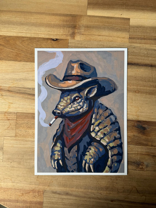 outlaw armadillo, western Acrylic Illustration, whimsy Decor (5x7)