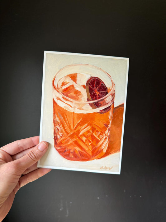 old fashioned Cocktail Art Print | Moody Still Life Oil Painting Reproduction (5x7)
