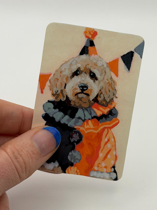 Sad Clown Dog Sticker, Acrylic Painting Reproduction, Water-Resistant Vinyl Art