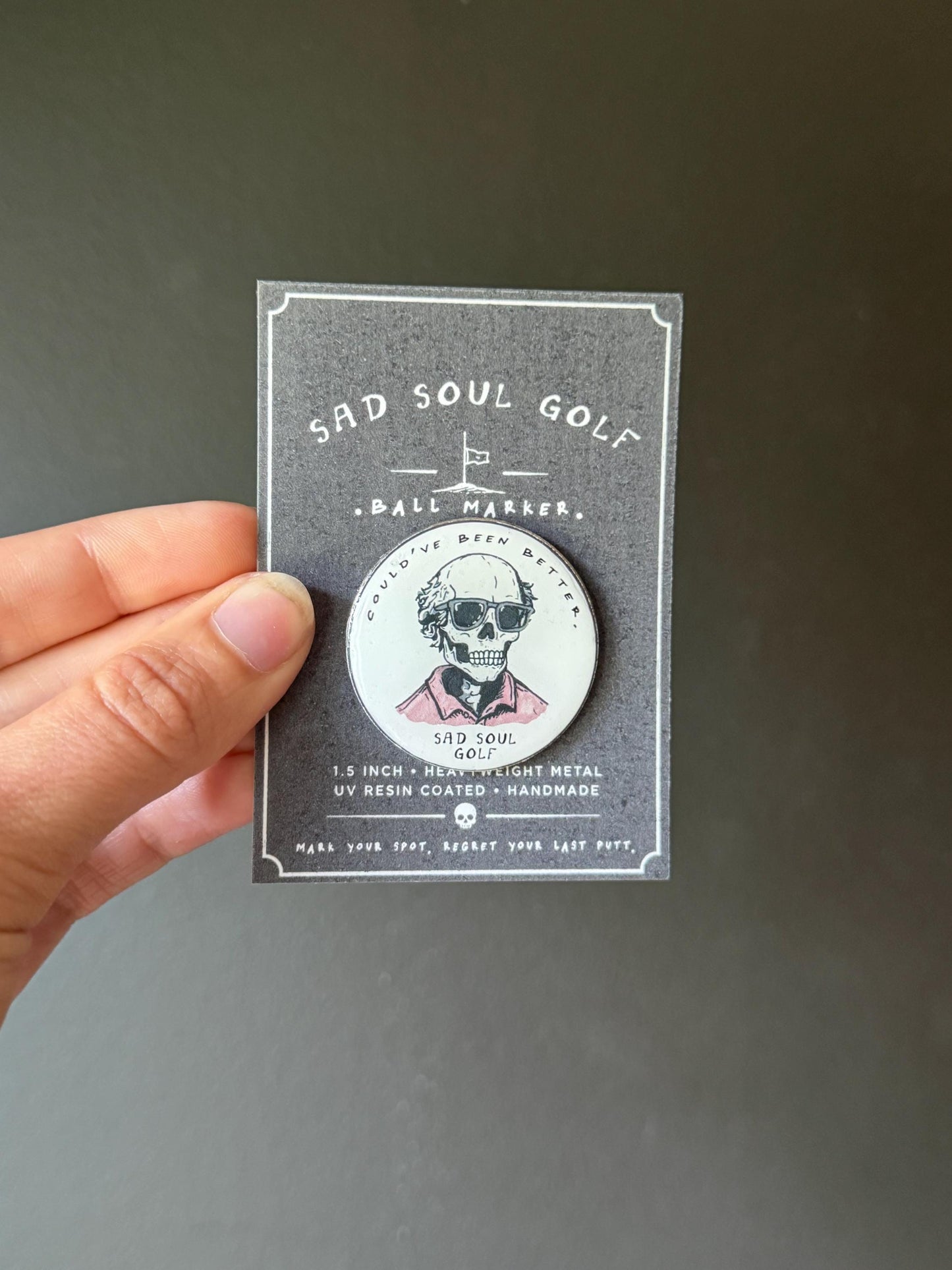 Sad Soul Golf Skull Ball Marker | UV Resin Coated Metal (1.5 Inch)