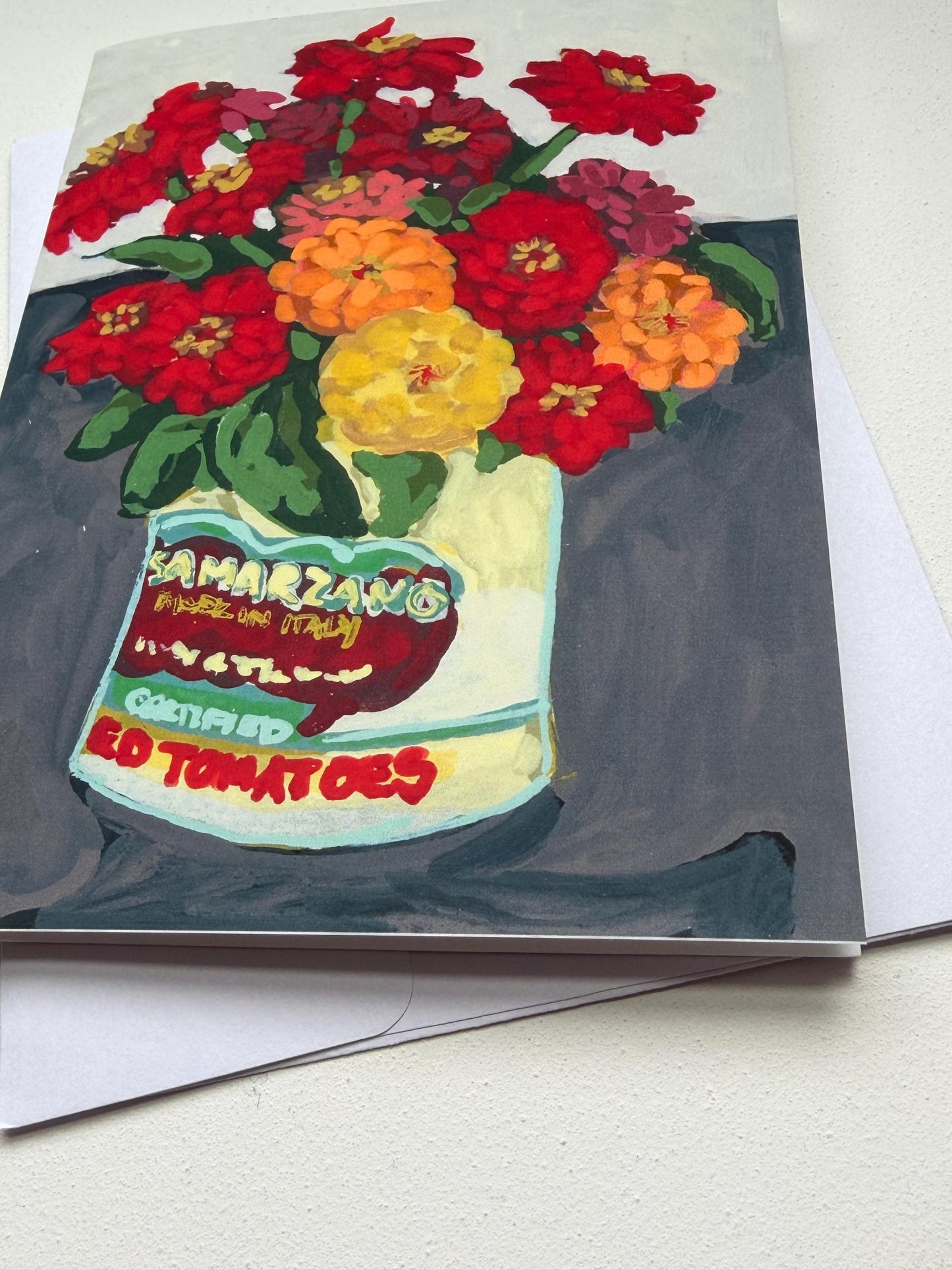 Zinnias in Can Art Card | Original Floral Still Life Painting (A2)