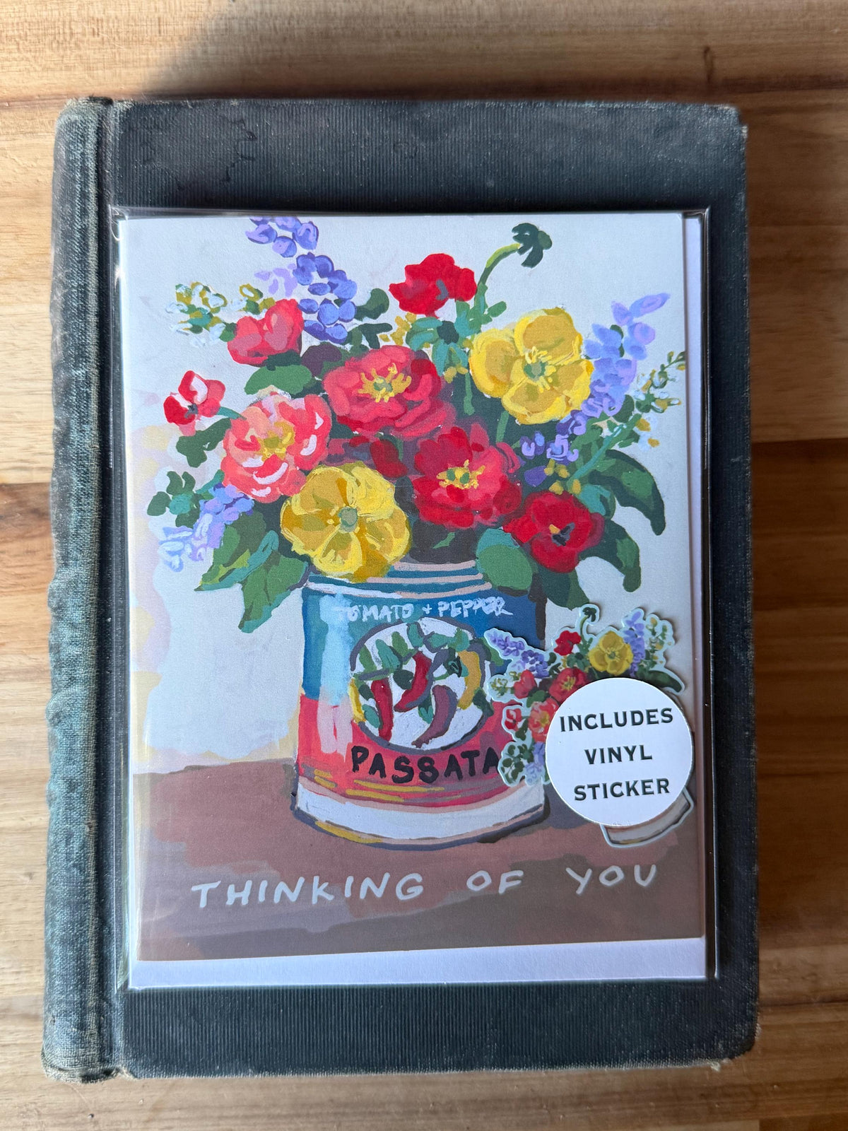 Passata Can Flowers Card and Vinyl Sticker Set | Thinking of You Greeting (A2)