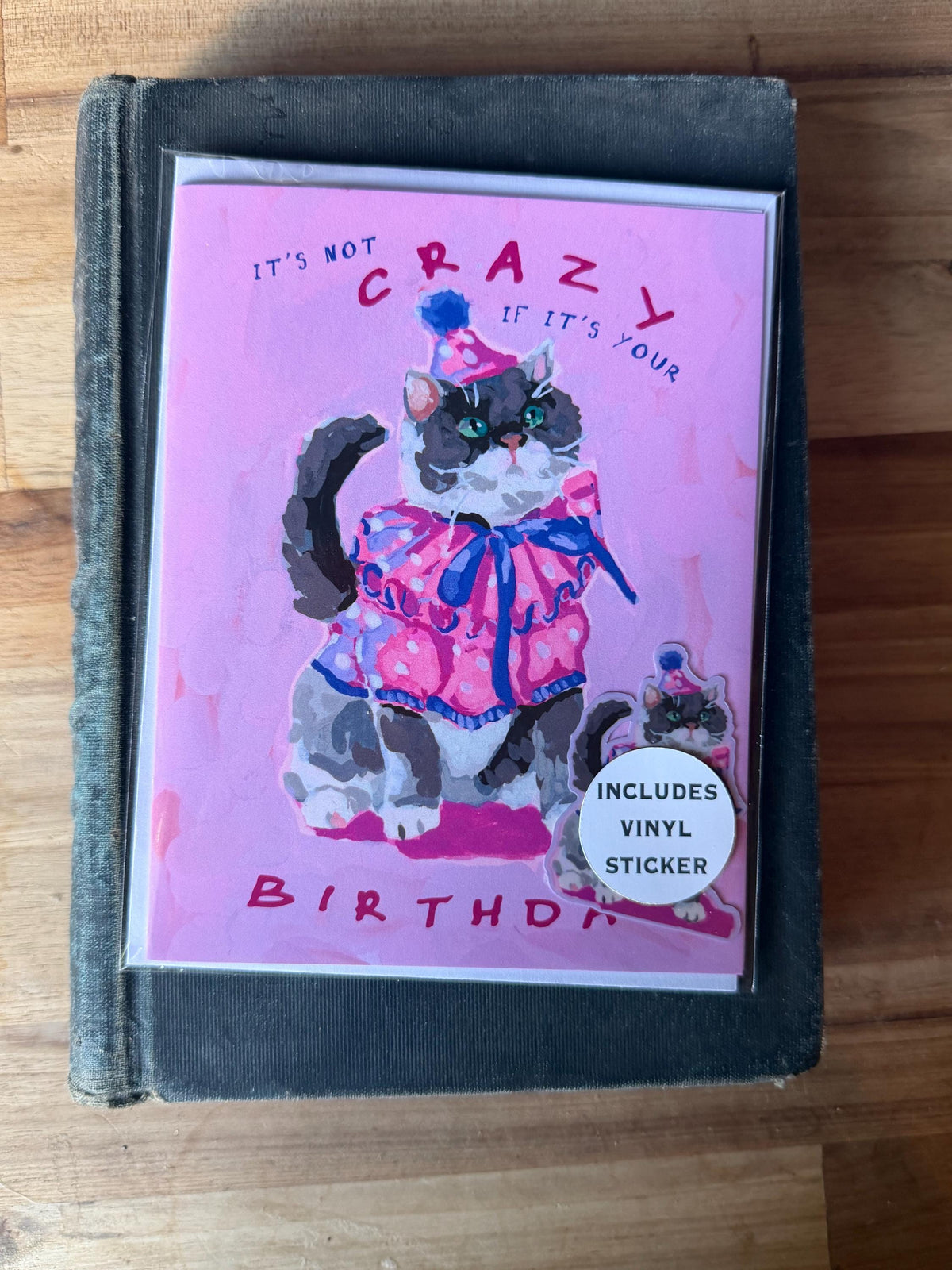 Pink Party Cat Birthday Card with Vinyl Sticker (A2 Size)