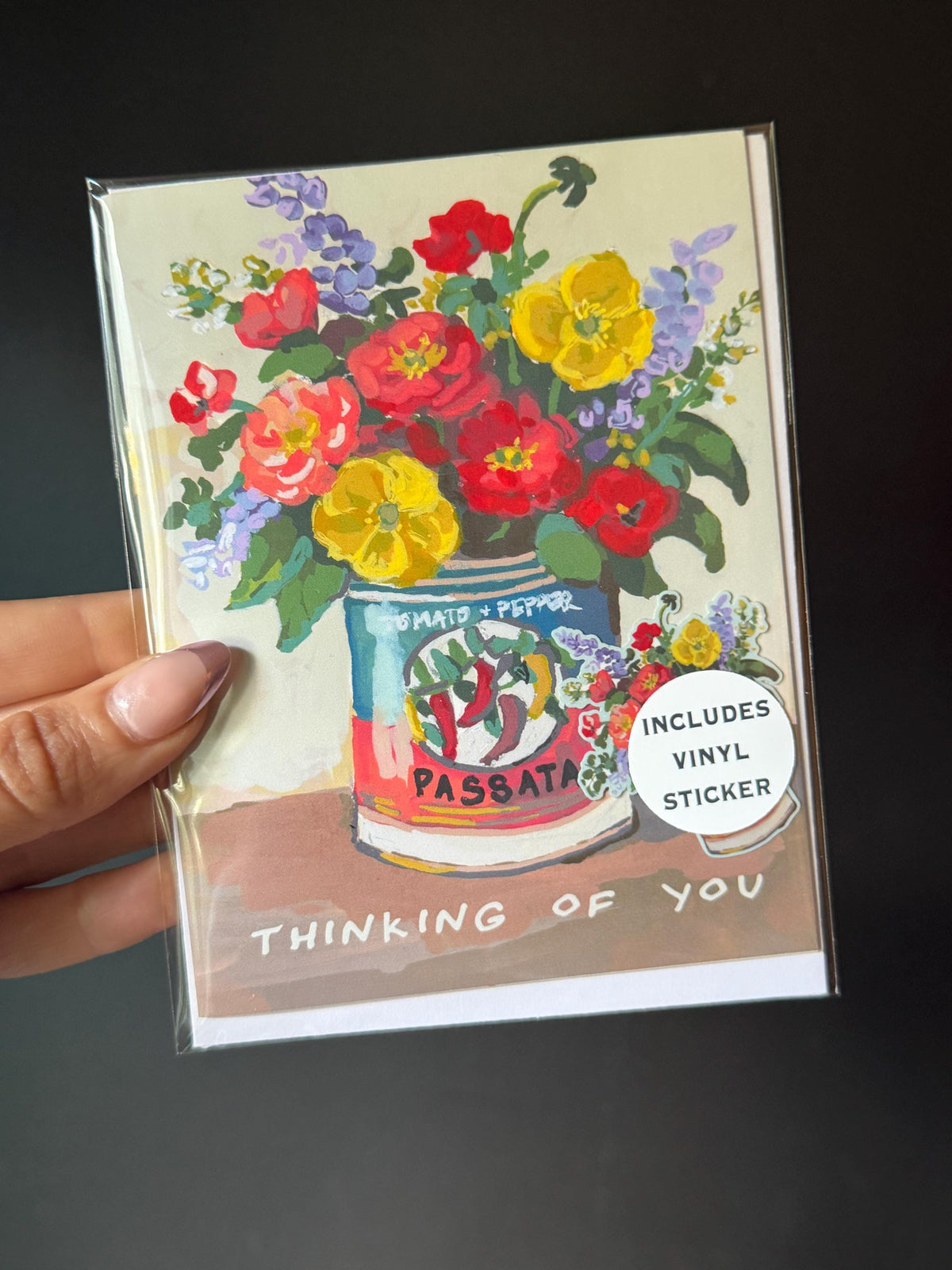 Passata Can Flowers Card and Vinyl Sticker Set | Thinking of You Greeting (A2)