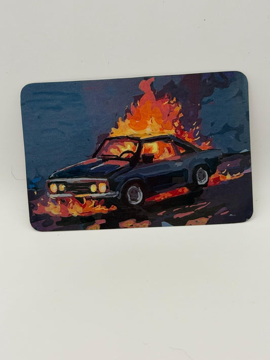 vinyl art sticker, car on fire, unique stickers, 3inch durable stickers, original painting reproduction