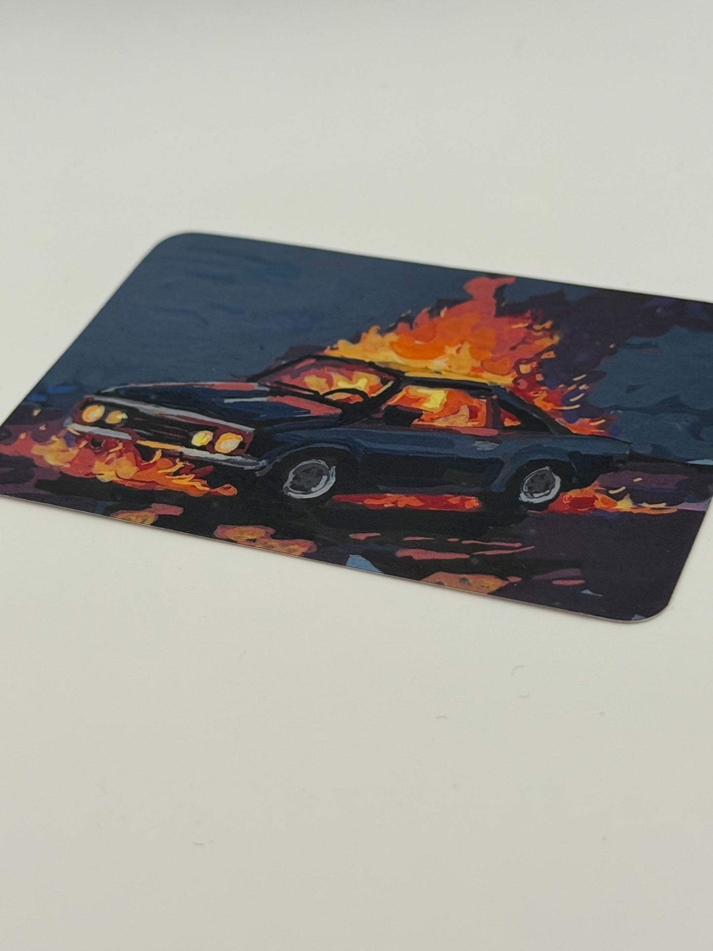 vinyl art sticker, car on fire, unique stickers, 3inch durable stickers, original painting reproduction