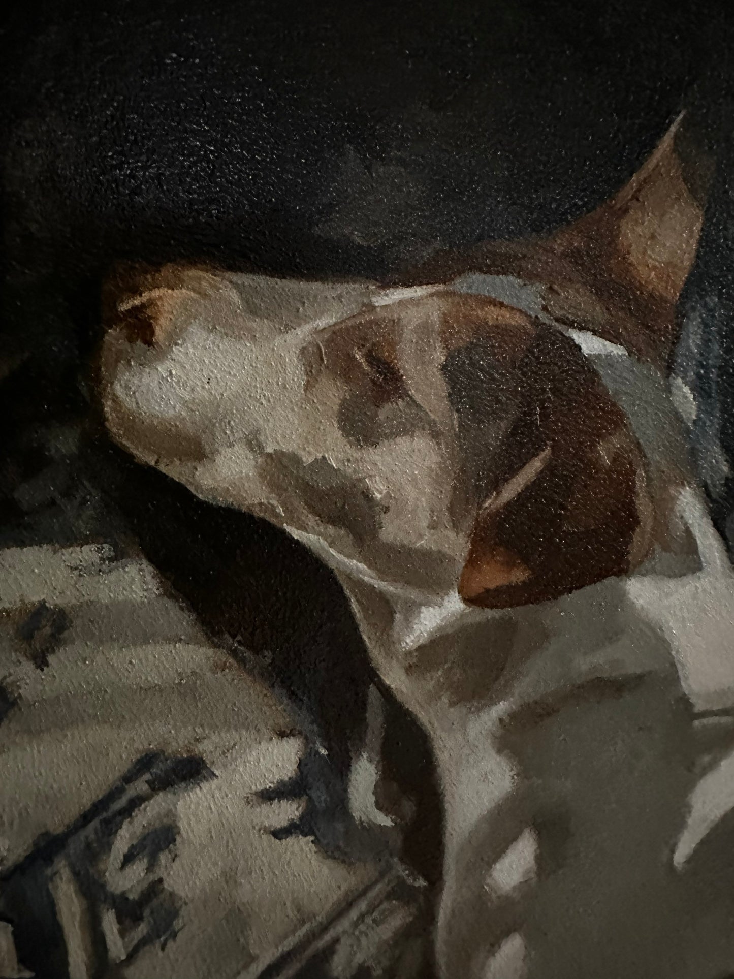 napping dog portrait original painting, 8x10 terrier oil painting, patterned rug, plants and shadows, framed original art, ready to hang