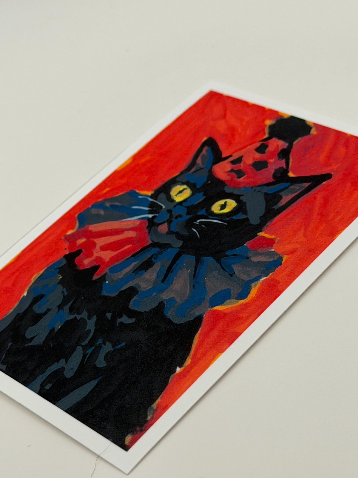 ACEO original art PRINT, black party cat illustration, tiny art 2.5x3.5 inches
