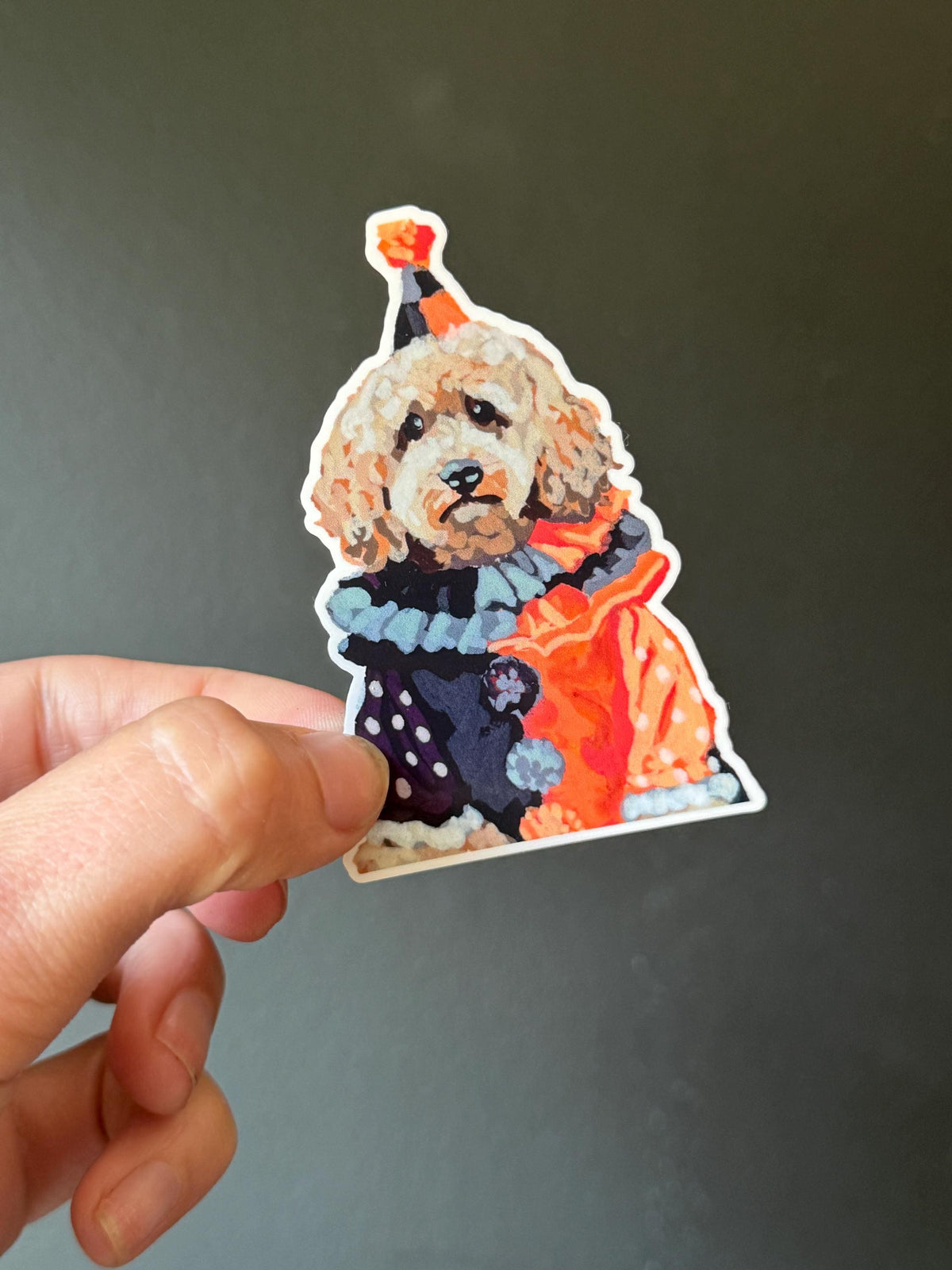 sad clown doodle dog | Original Painted dog Art Decal (3")