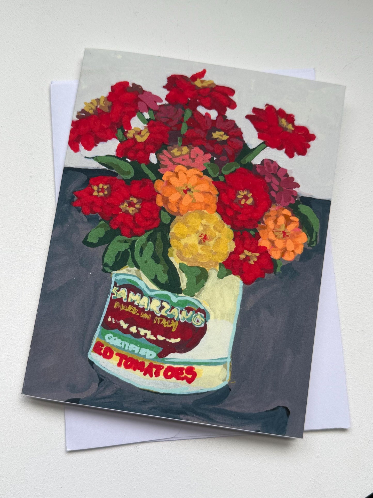 Zinnias in Can Art Card | Original Floral Still Life Painting (A2)