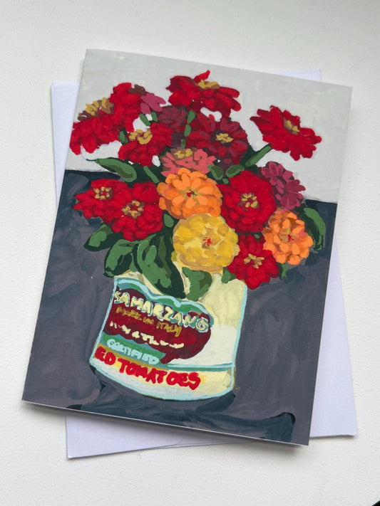 Zinnias in Can Art Card | Original Floral Still Life Painting (A2)