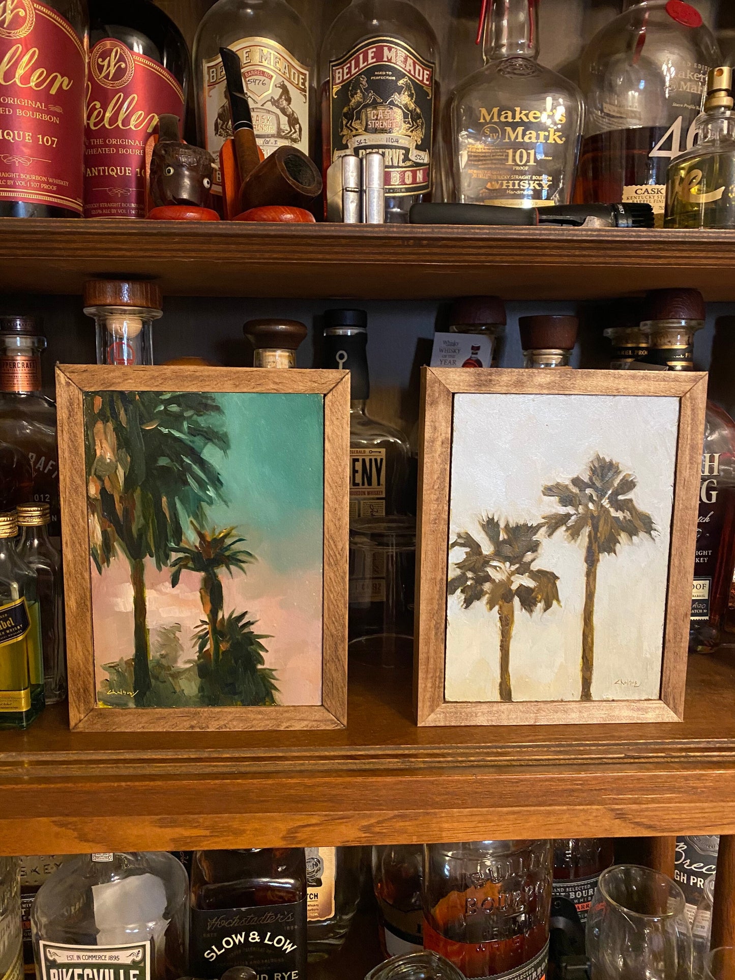 original painting palm trees, 5x7 framed art, small artwork, beach art,