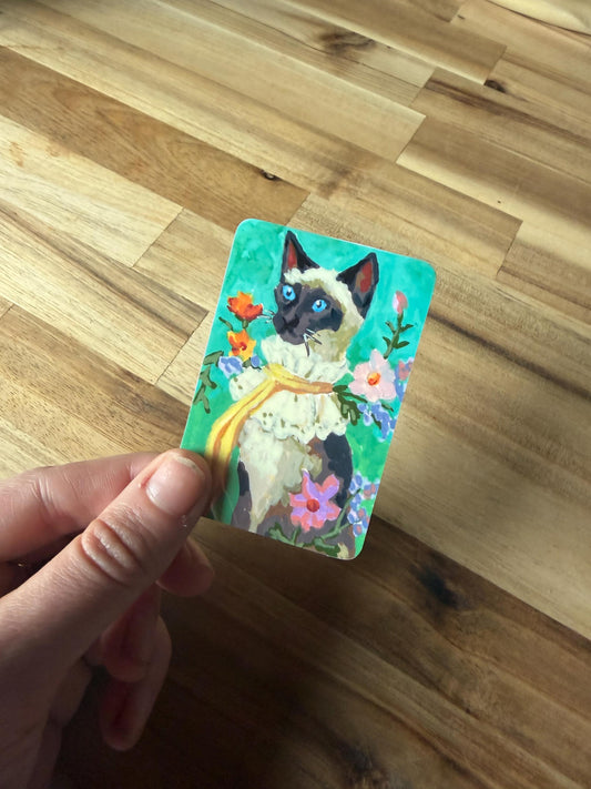 Floral Siamese Cat Sticker | Cottagecore Art, Waterproof Vinyl (2x3 inches)