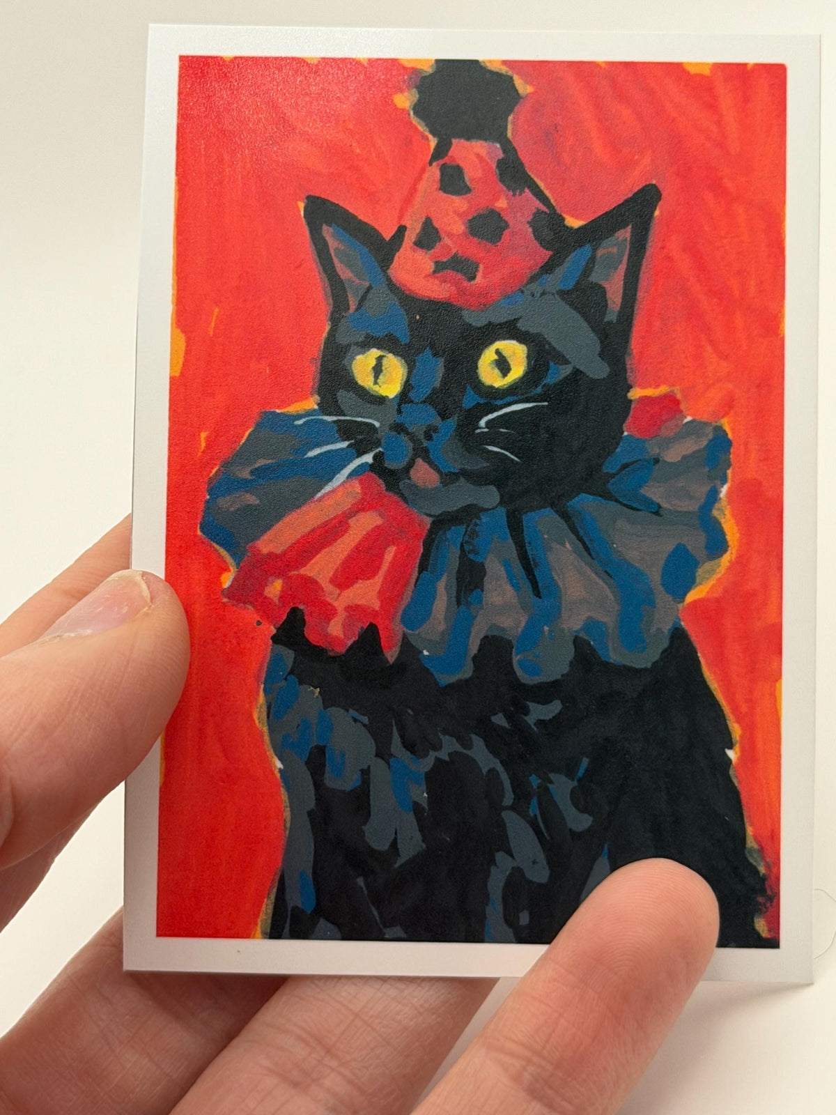 ACEO original art PRINT, black party cat illustration, tiny art 2.5x3.5 inches