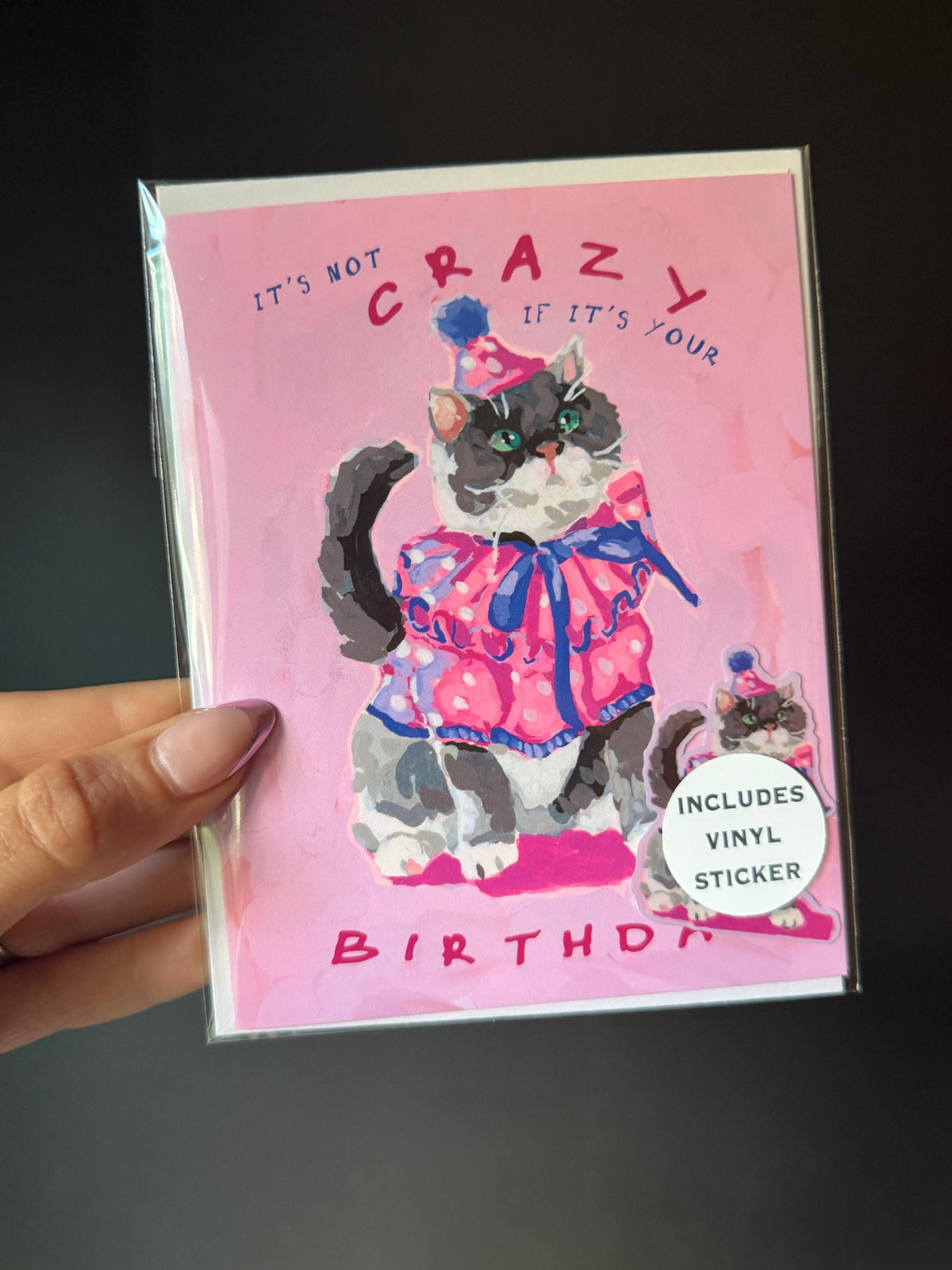 Pink Party Cat Birthday Card with Vinyl Sticker (A2 Size)