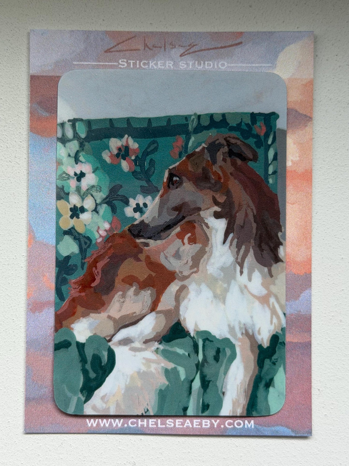 Borzoi on sofa vinyl sticker 3"- illustrated dog decal