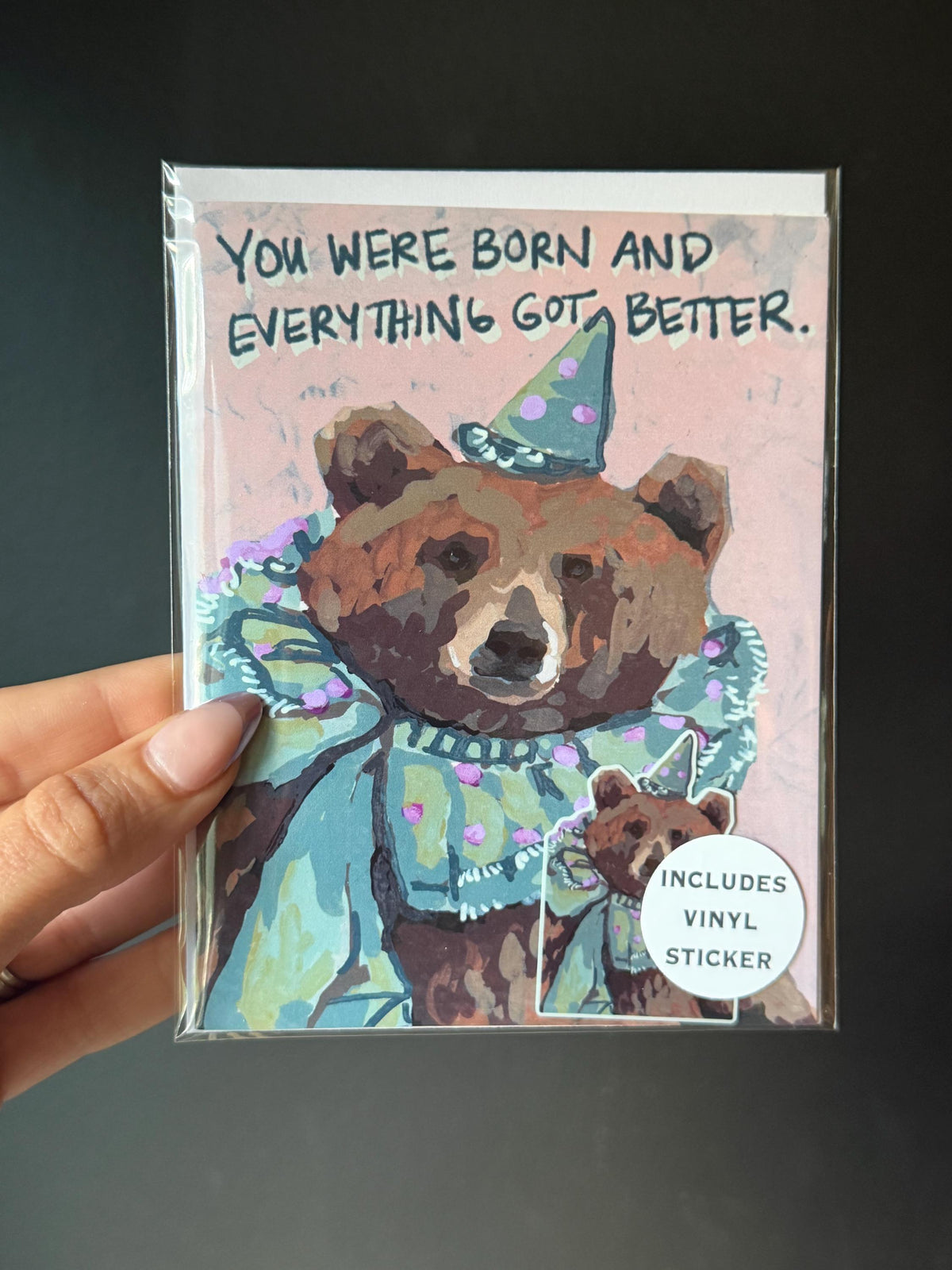 Birthday Card PLUS vinyl sticker | Party Bear Art greeting card, Blank Inside (A2 Size)