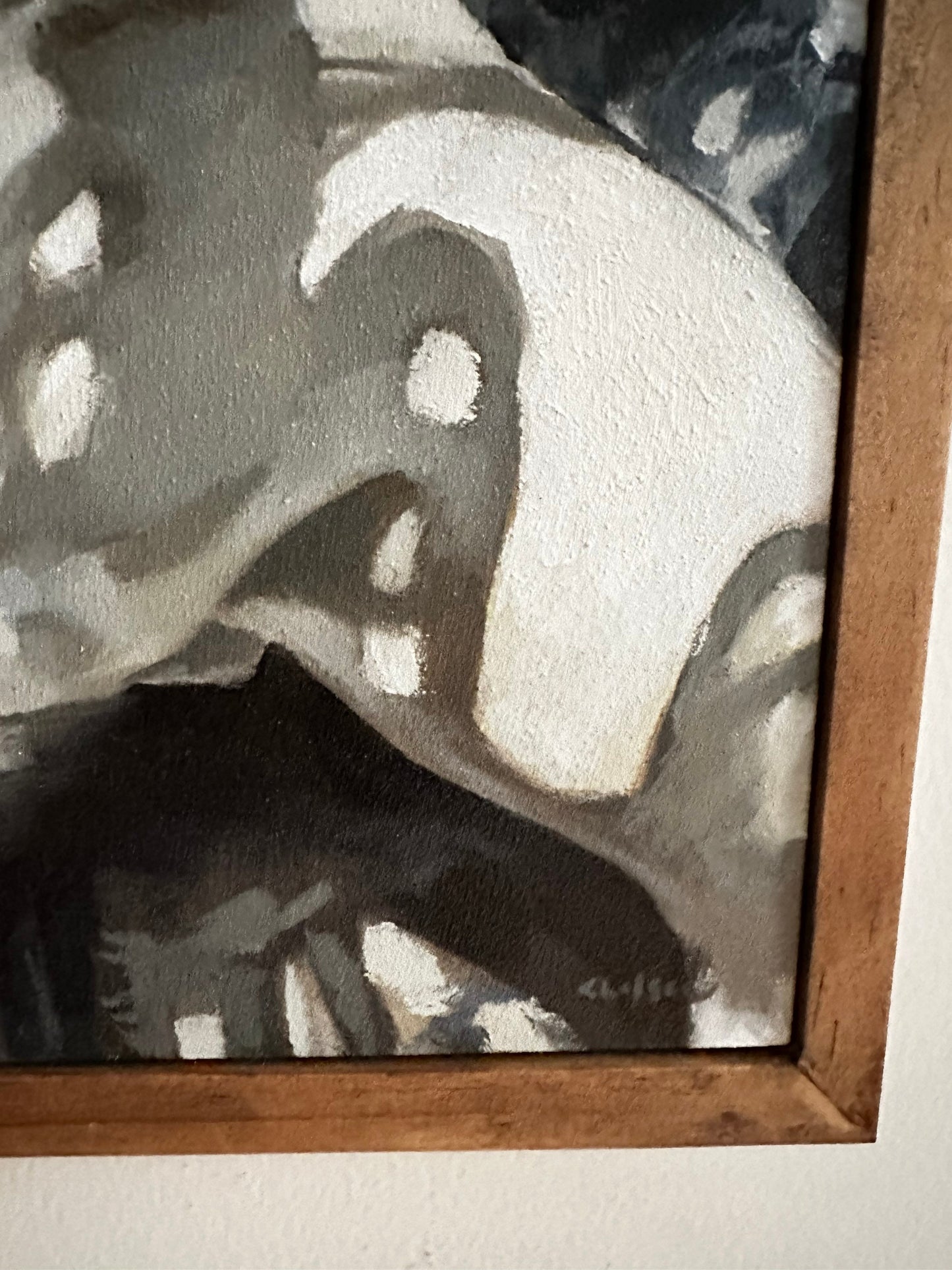 napping dog portrait original painting, 8x10 terrier oil painting, patterned rug, plants and shadows, framed original art, ready to hang