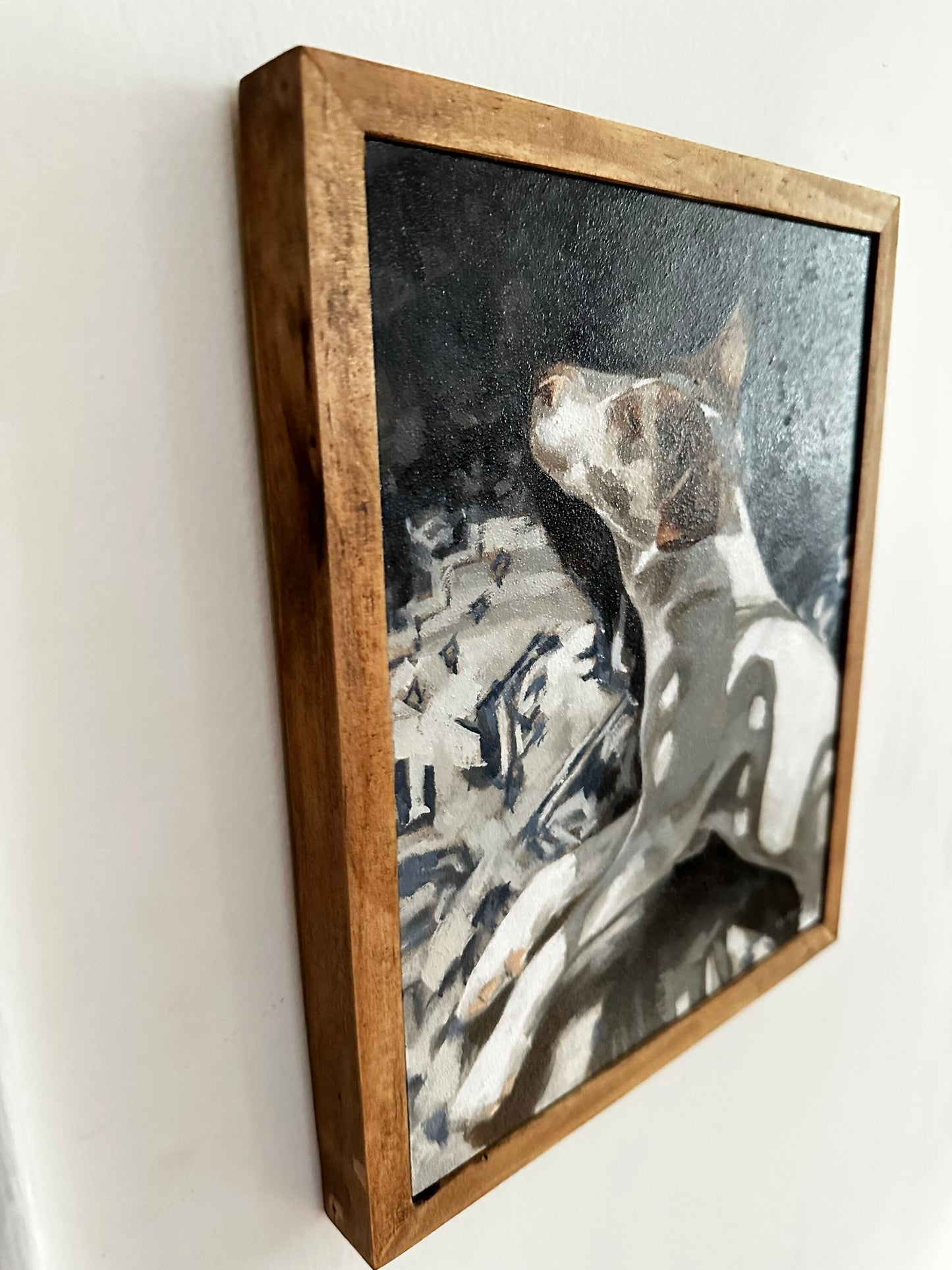 napping dog portrait original painting, 8x10 terrier oil painting, patterned rug, plants and shadows, framed original art, ready to hang