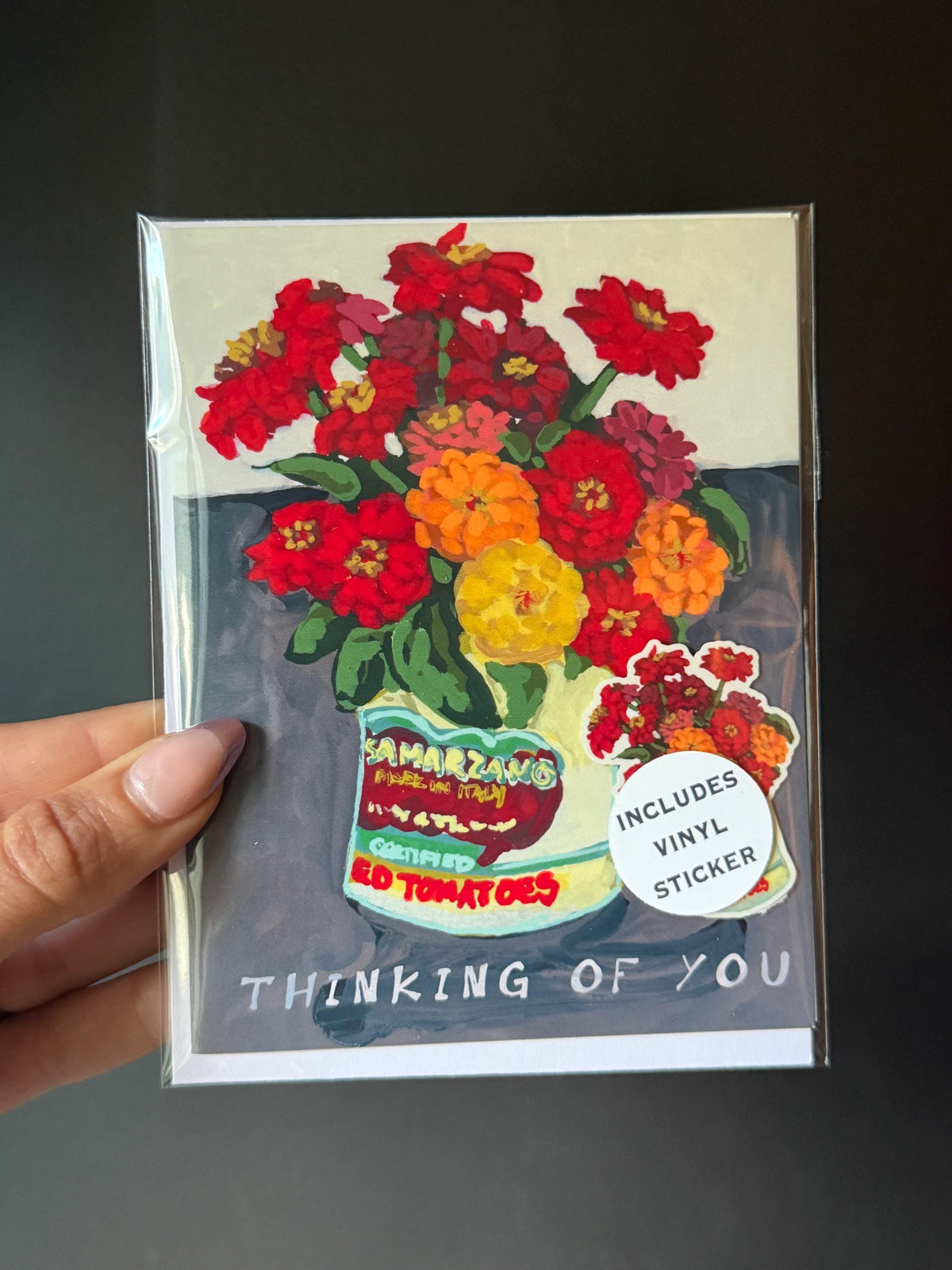 Zinnias in Can Art Card with Matching Vinyl Sticker (A2)