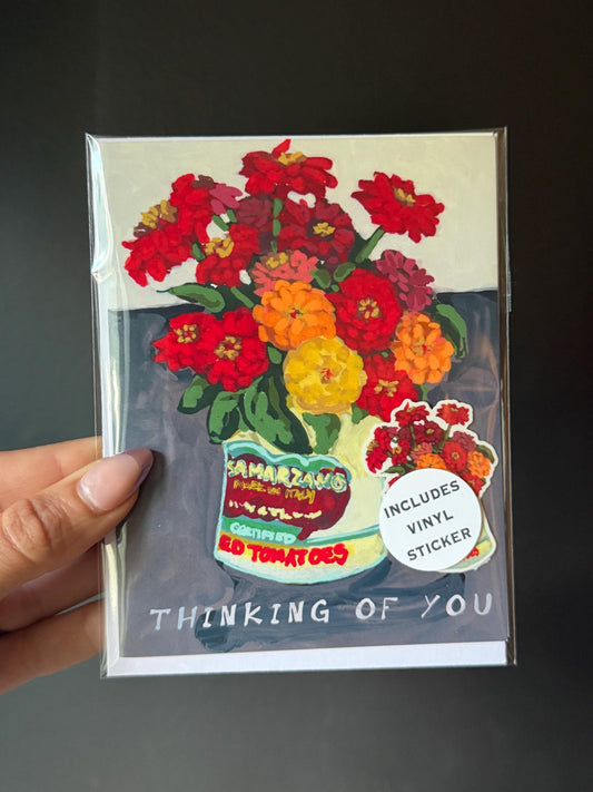 Zinnias in Can Art Card with Matching Vinyl Sticker (A2)