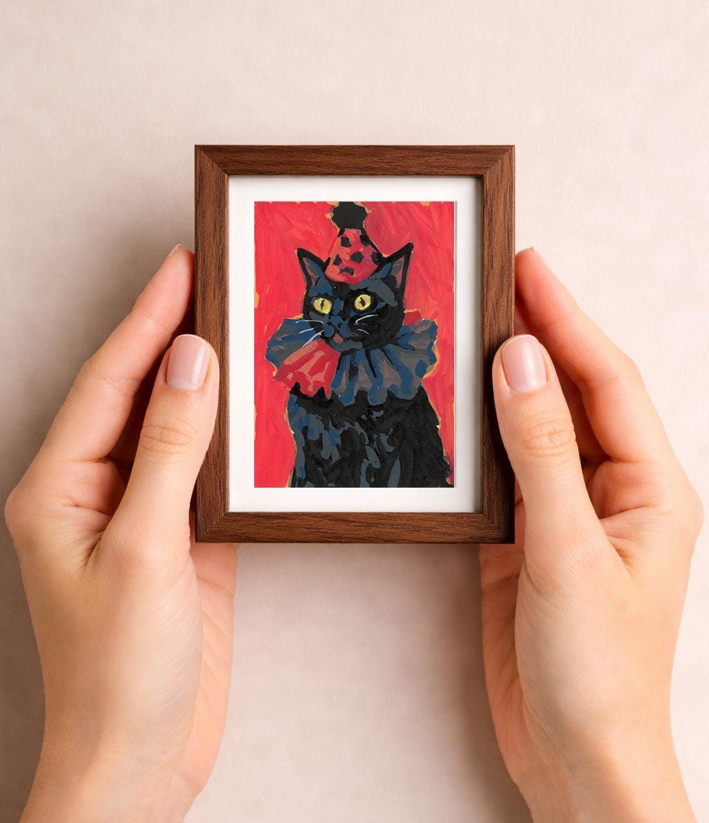 ACEO original art PRINT, black party cat illustration, tiny art 2.5x3.5 inches