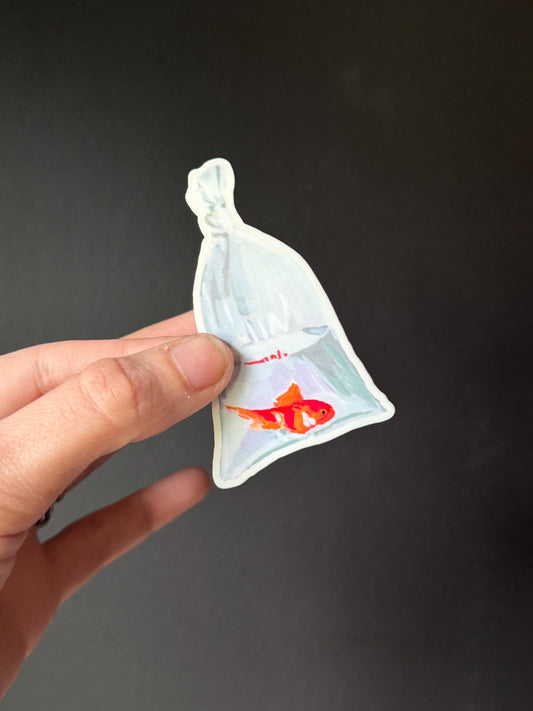 Goldfish in a Bag Sticker | Original Painted Fish Art Decal (3")