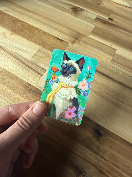 Floral Siamese Cat Sticker | Cottagecore Art, Waterproof Vinyl (2x3 inches)