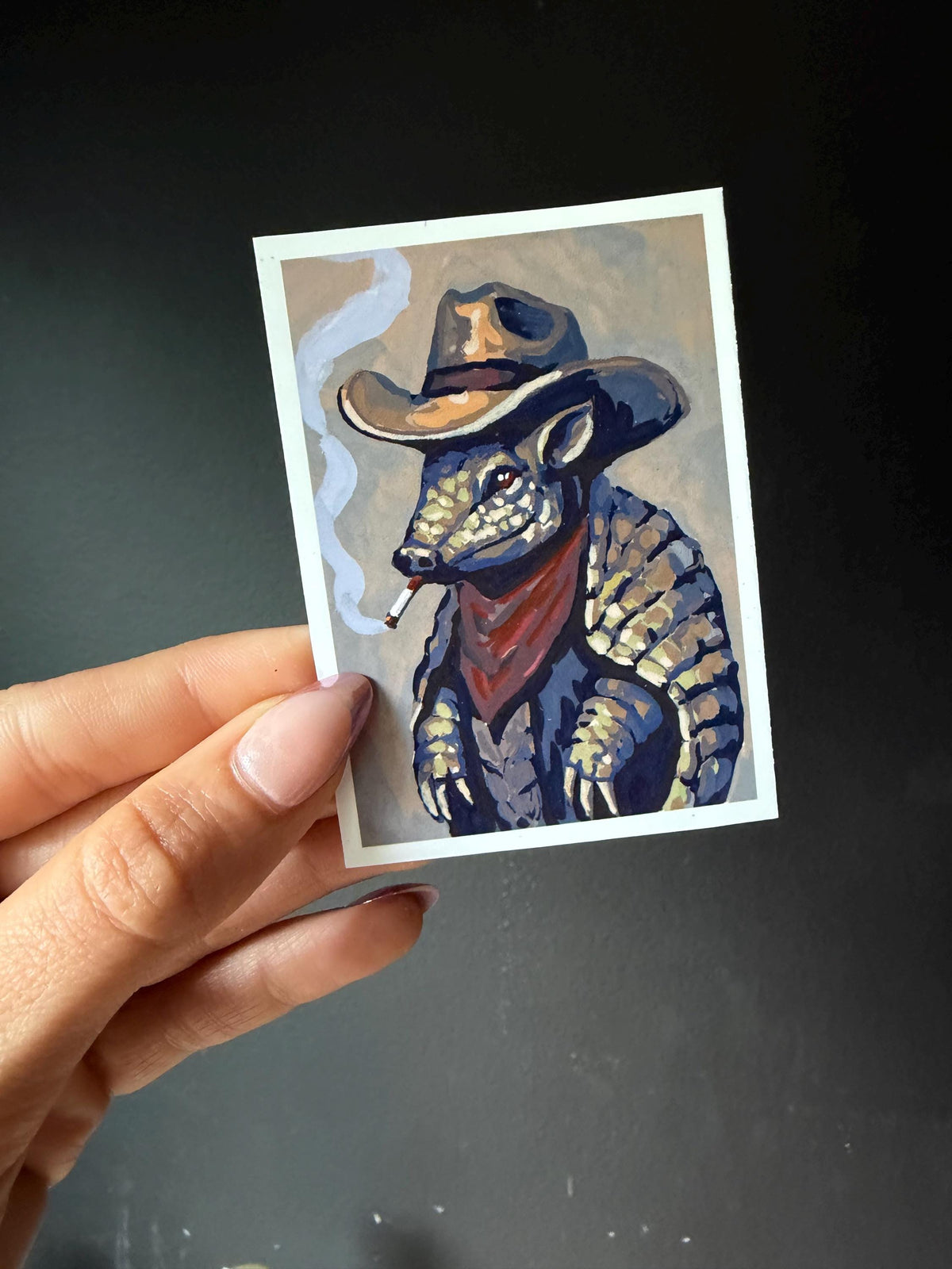 ACEO original art PRINT, Outlaw armadillo , tiny art 2.5x3.5 inches