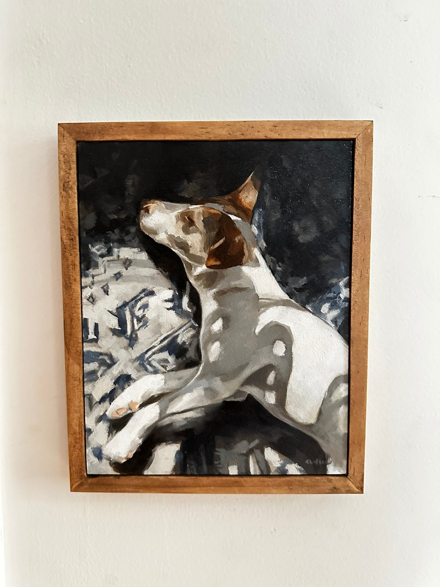 napping dog portrait original painting, 8x10 terrier oil painting, patterned rug, plants and shadows, framed original art, ready to hang