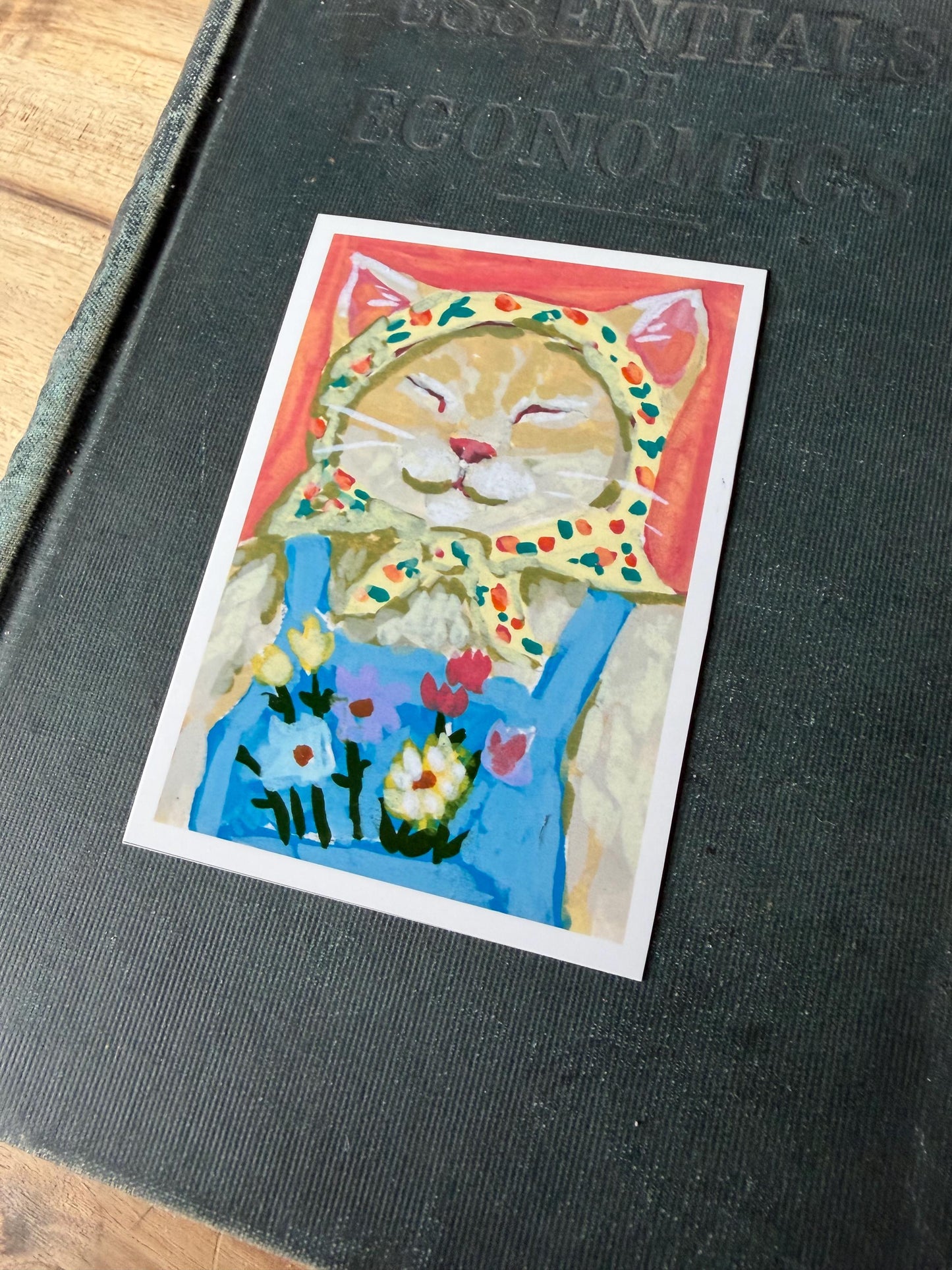 ACEO original art PRINT, Farmer Cat , tiny art 2.5x3.5 inches