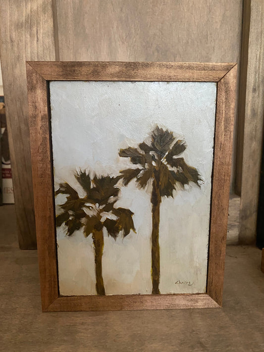 original painting palm trees, 5x7 framed art, small artwork, beach art,