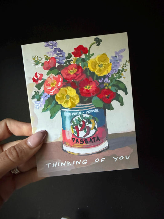 Passata Can Flowers Card and Vinyl Sticker Set | Thinking of You Greeting (A2)