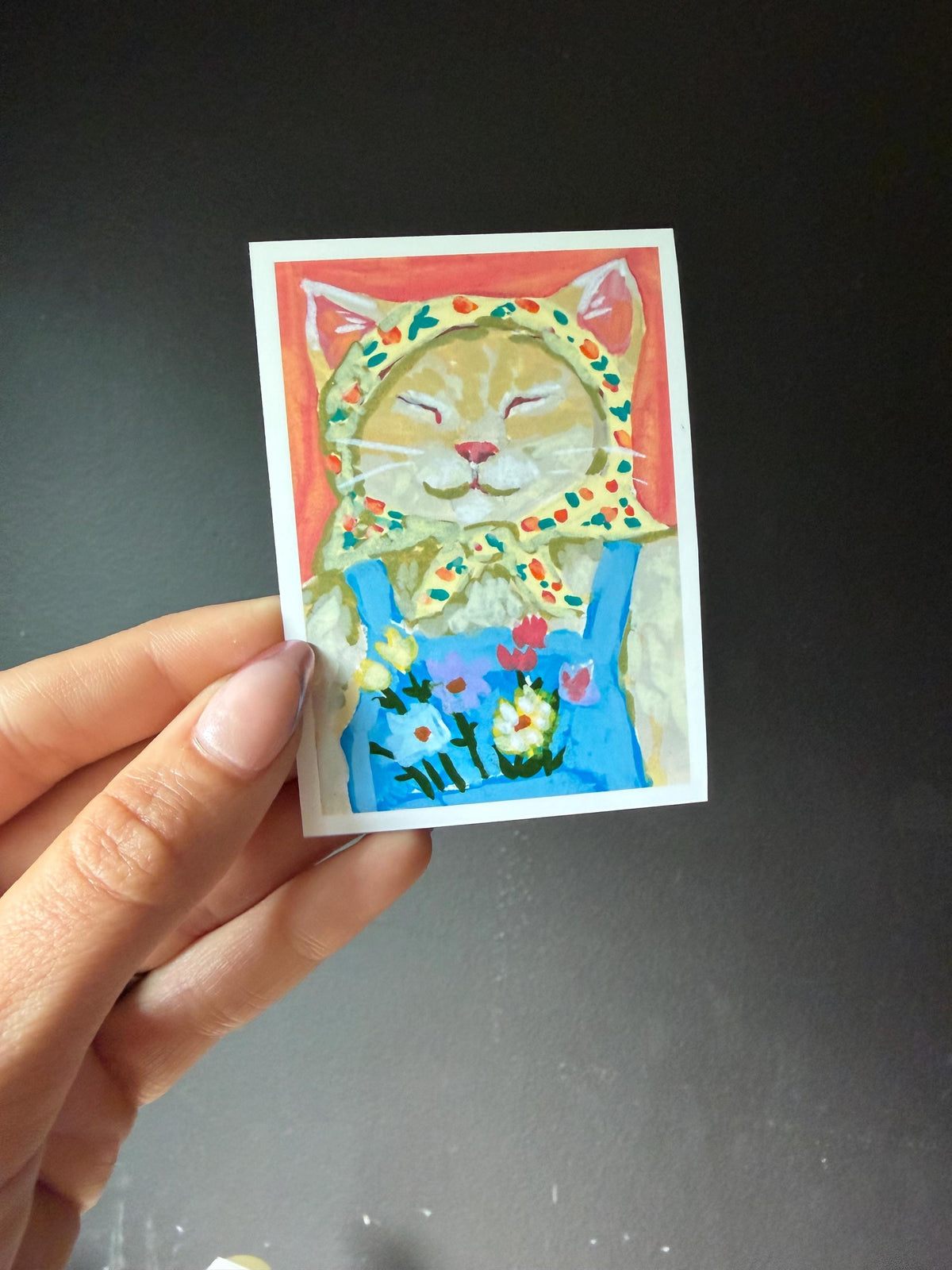 ACEO original art PRINT, Farmer Cat , tiny art 2.5x3.5 inches