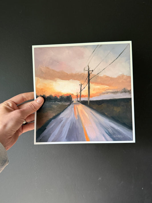 sunset Country road impressionist 8x8 fine art print