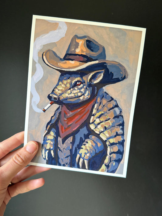 outlaw armadillo, western Acrylic Illustration, whimsy Decor (5x7)