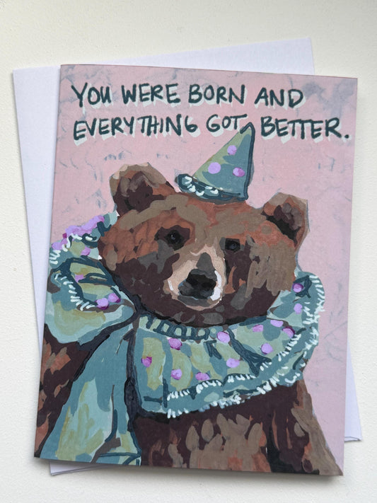 Birthday Card | Party Bear Art greeting card, Blank Inside (A2 Size)