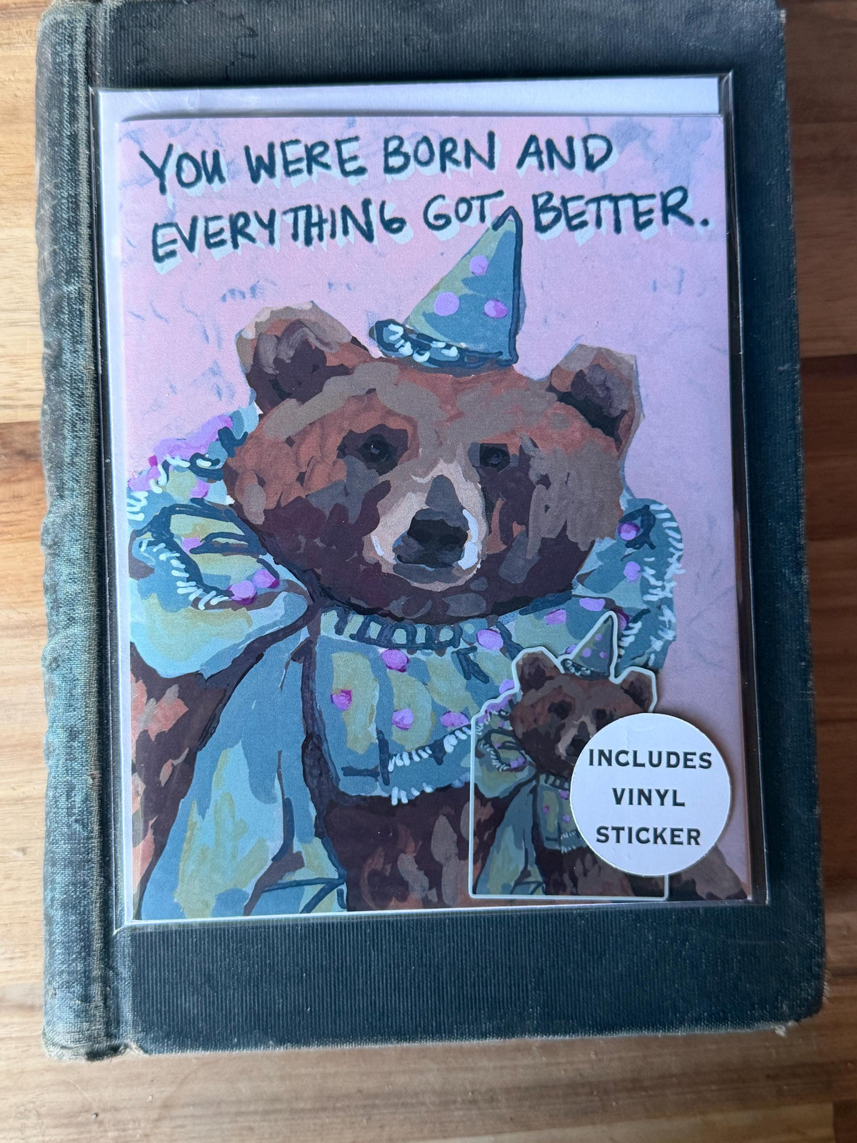 Birthday Card PLUS vinyl sticker | Party Bear Art greeting card, Blank Inside (A2 Size)