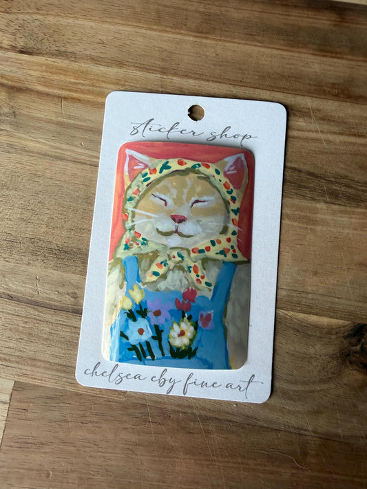 Farmer Cat Sticker | Cottagecore Floral Art Reproduction (Waterproof Gloss)