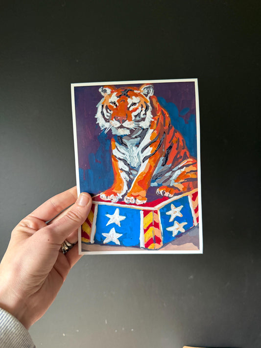 Circus Tiger Art Print, Whimsical Acrylic Illustration, Vintage Decor (5x7)