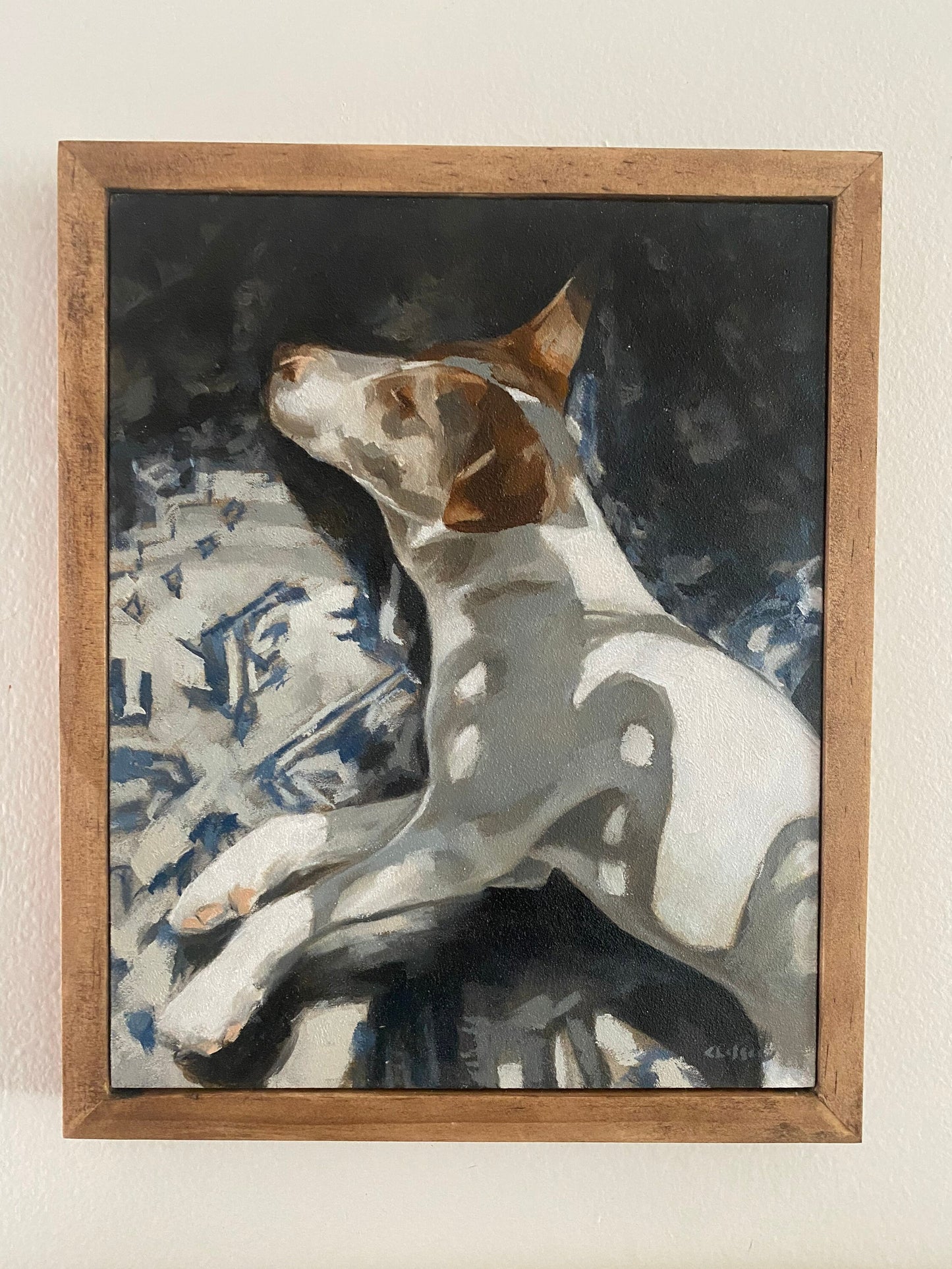 napping dog portrait original painting, 8x10 terrier oil painting, patterned rug, plants and shadows, framed original art, ready to hang