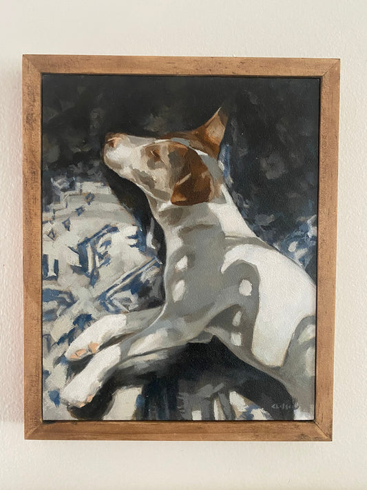 napping dog portrait original painting, 8x10 terrier oil painting, patterned rug, plants and shadows, framed original art, ready to hang
